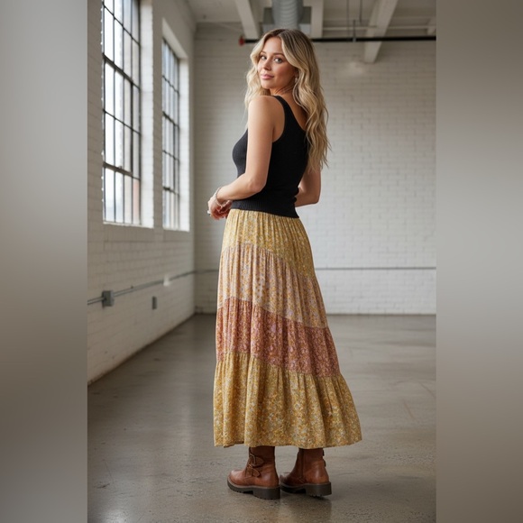 NWT Angie Clothing Boho Floral Print Mixed Media Maxi Skirt - Picture 12 of 14